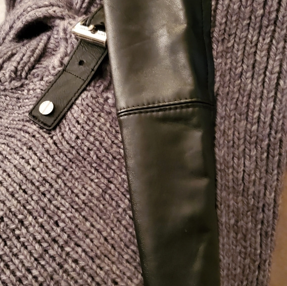 Michael Kors MK Jacket Sweater Coat Alpaca Faux Leather Gray Chunky Knit Ribbed - Picture 5 of 8